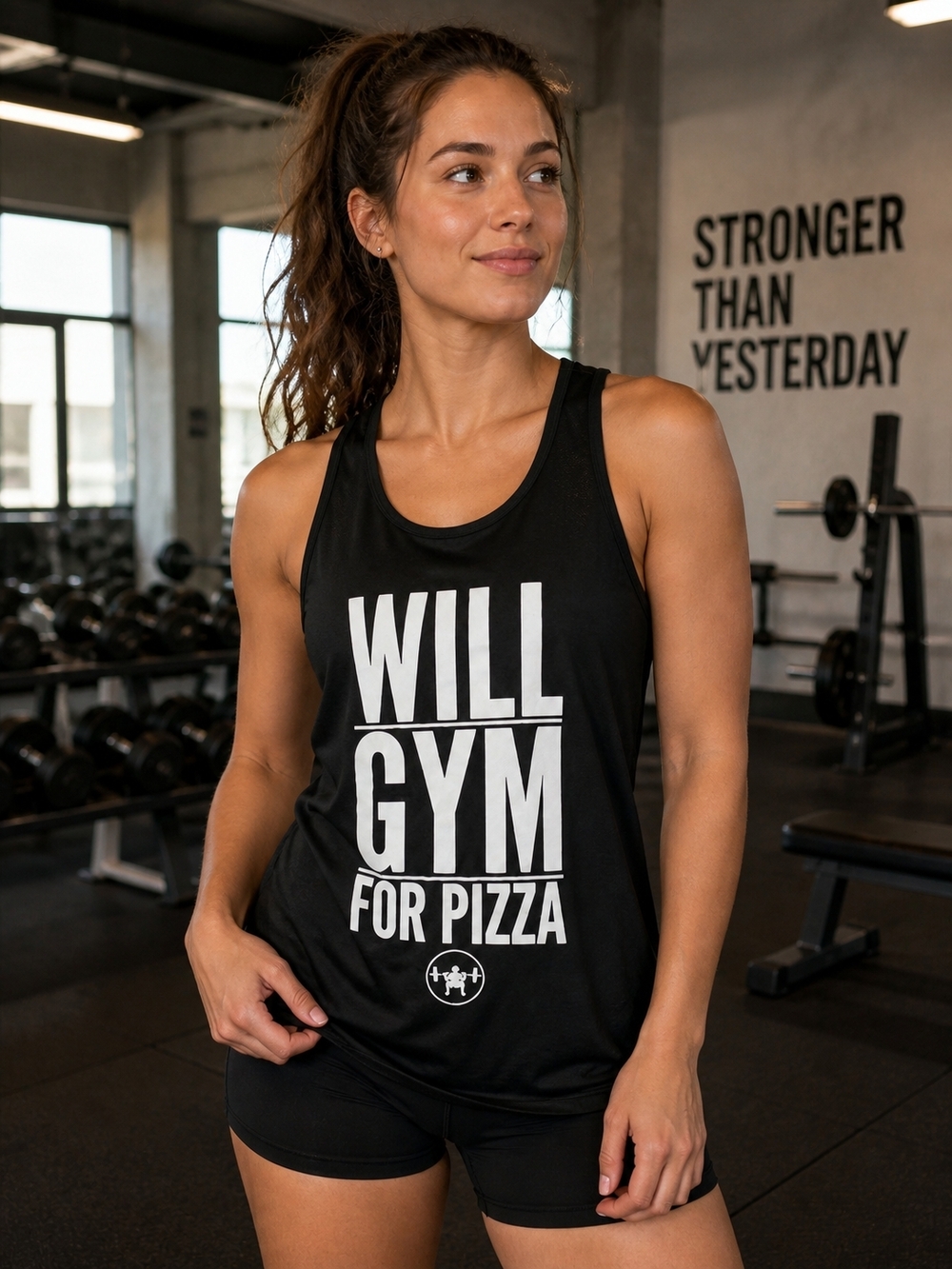 Women's Black Tank Top - 'Will Gym for Pizza' Mediun